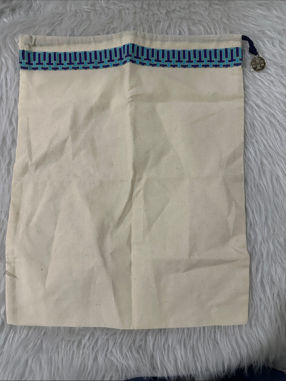 Tory Burch Cream Canvas Dust Bag with Blue Trim